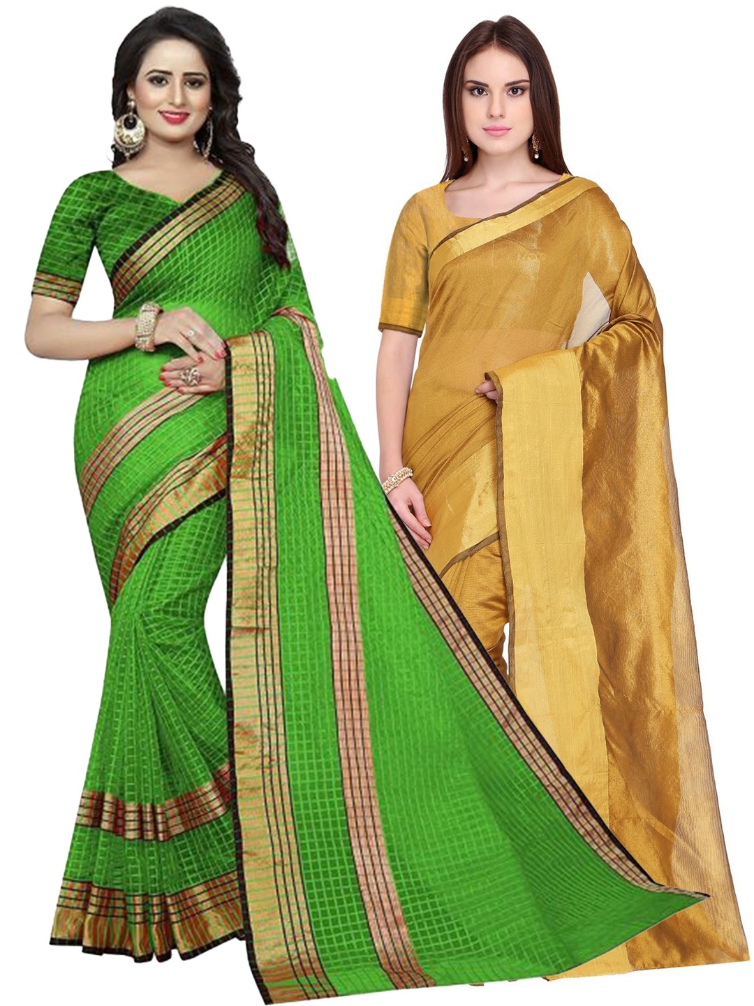 

SAADHVI Set Of 2 Golden & Green Zari Silk Cotton Saree, Gold