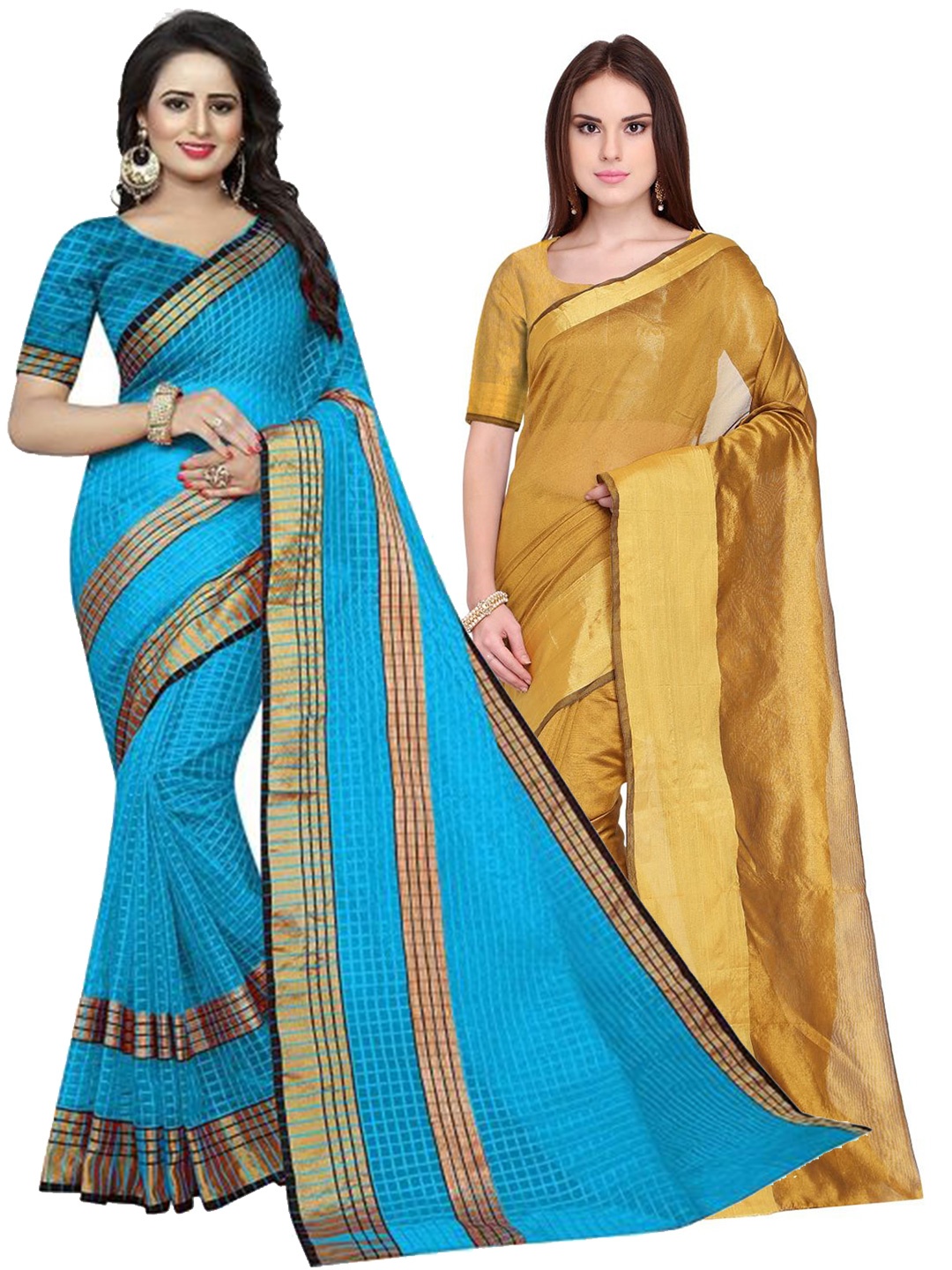 

SAADHVI Pack Of 2 Gold-Toned & Blue Silk Cotton Saree