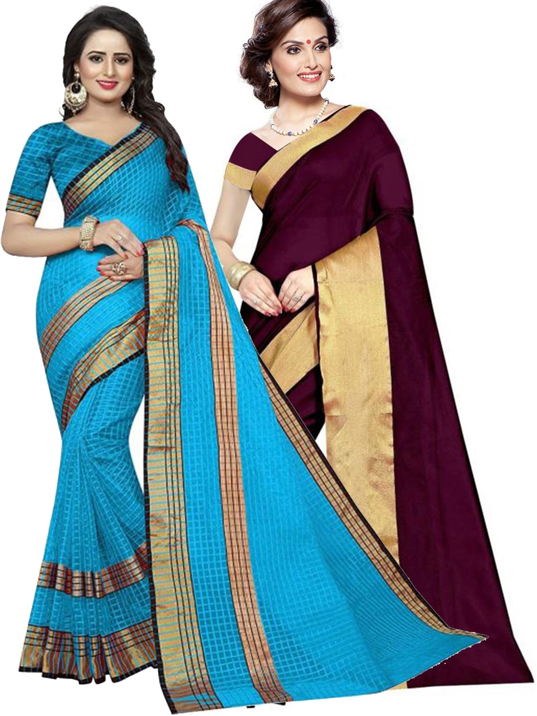 

SAADHVI Pack of 2 Burgundy & Turquoise Blue Silk Cotton Saree