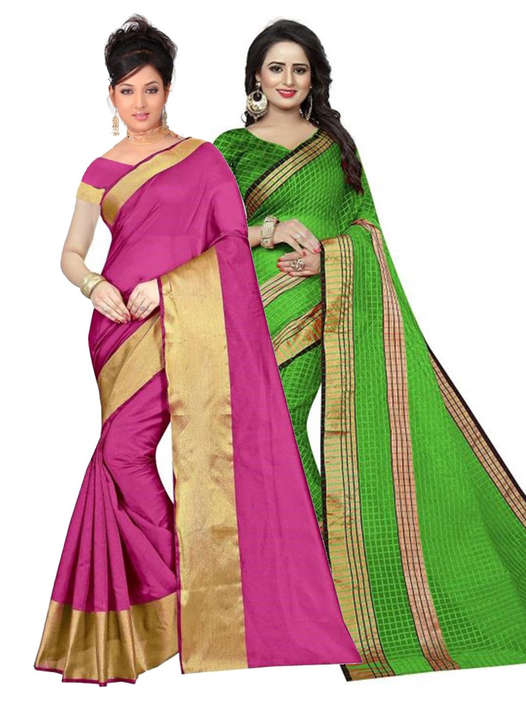 

SAADHVI Pack of 2 Pink & Green Silk Cotton Saree