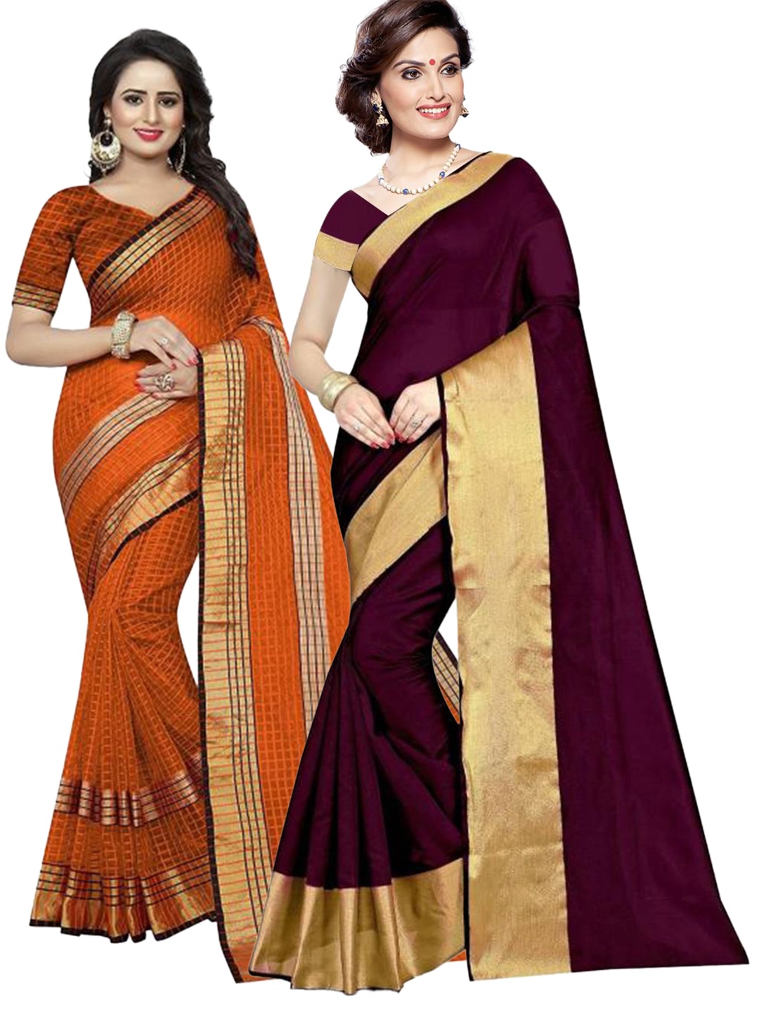 

SAADHVI Pack of 2 Burgundy & Orange Zari Silk Cotton Sarees