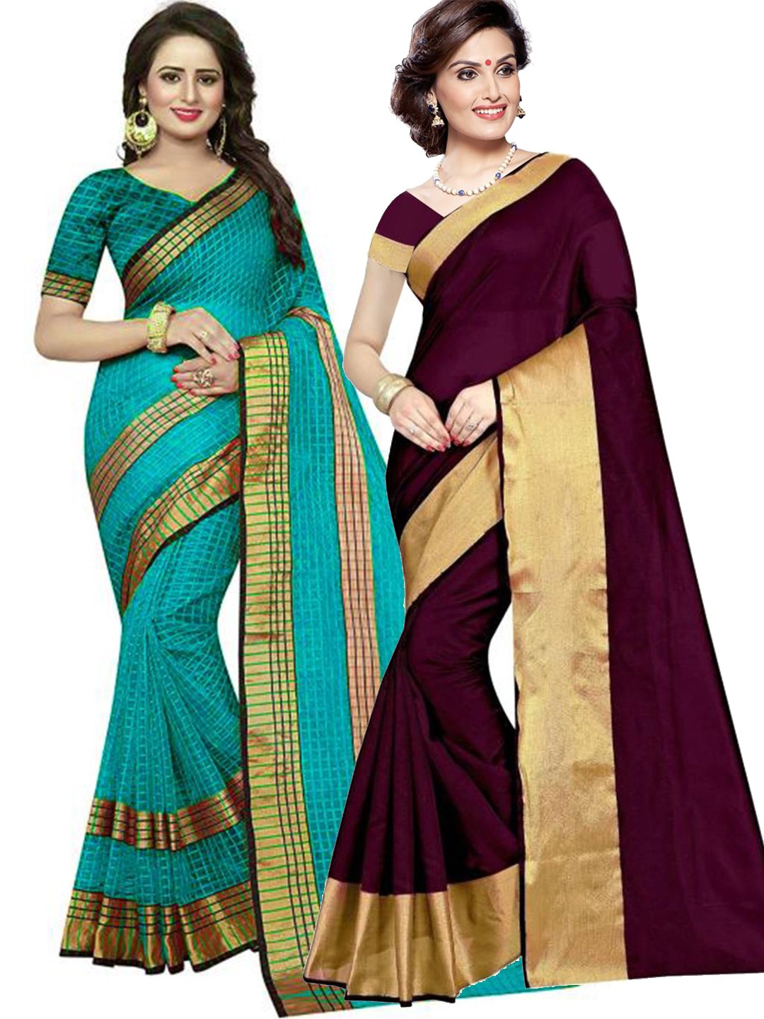 

SAADHVI Pack Of 2 Burgundy & Blue Silk Cotton Saree