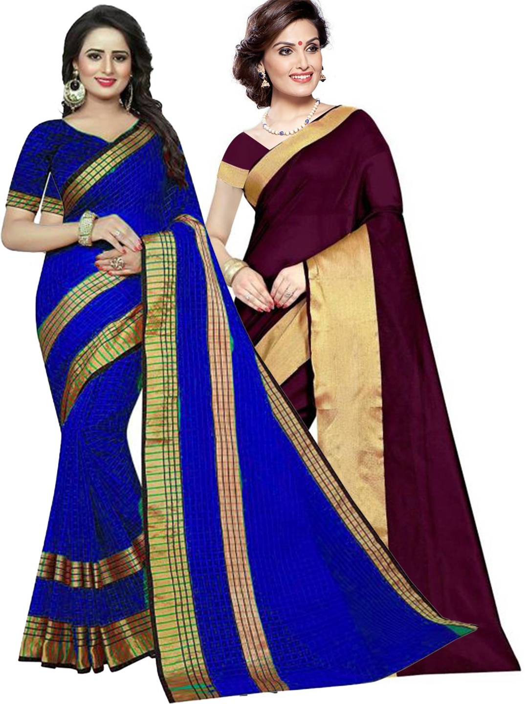 

SAADHVI Pack of 2 Burgundy & Blue Silk Cotton Saree