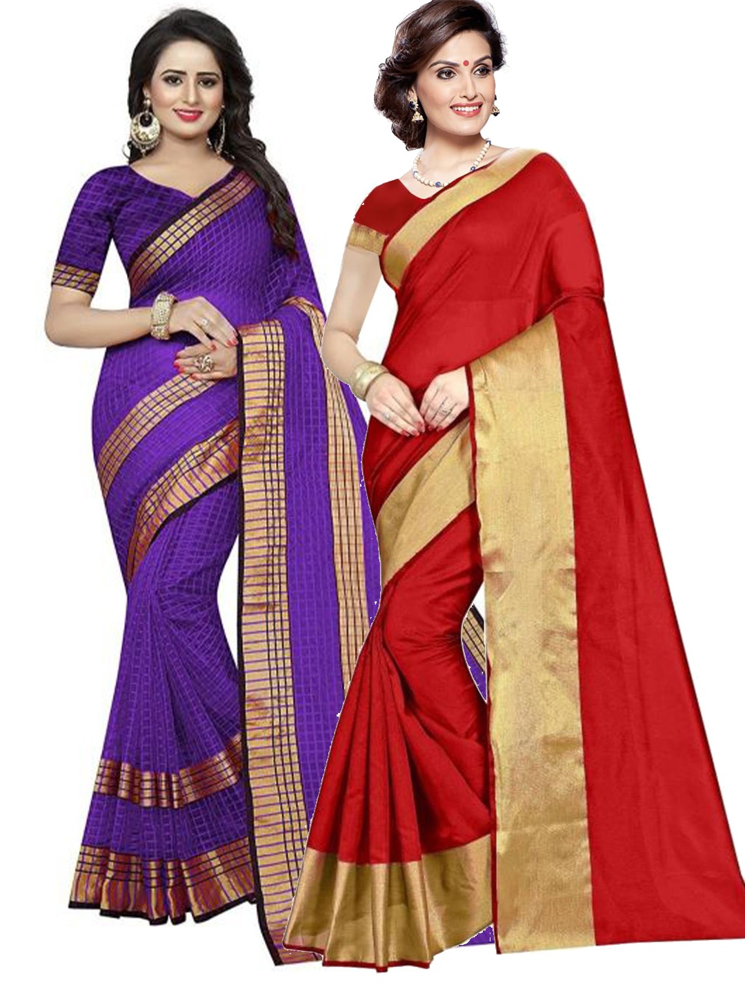 

SAADHVI Pack of 2 Red & Violet Zari Silk Cotton Sarees