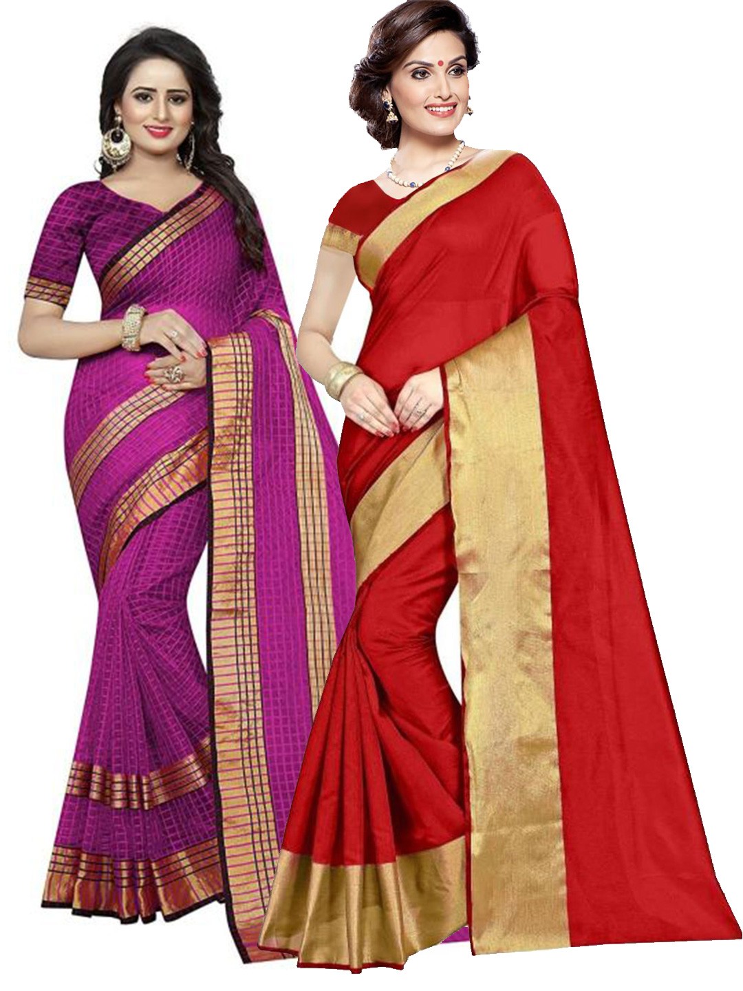 

SAADHVI Pack Of 2 Red & Purple Zari Silk Cotton Saree