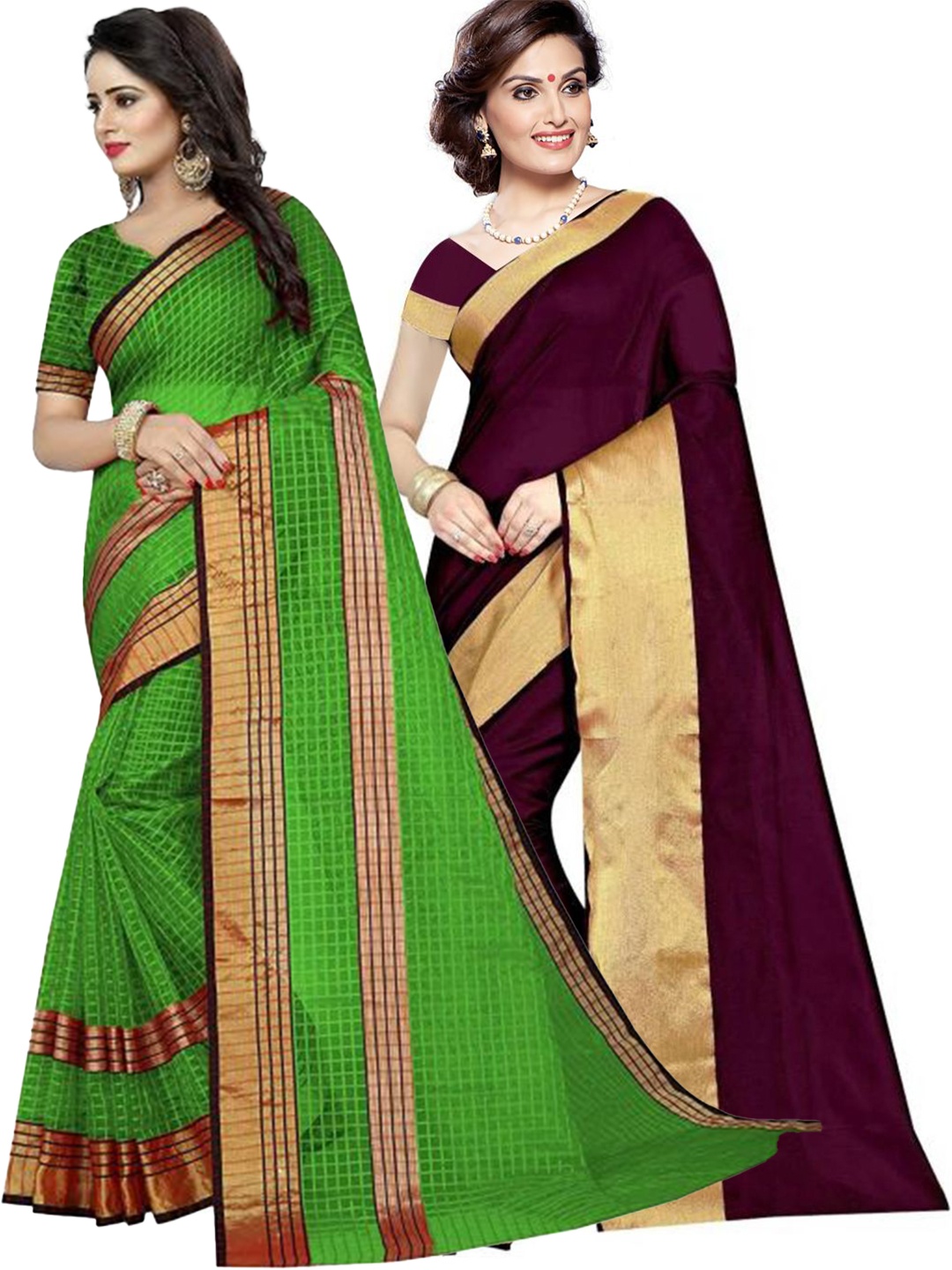 

SAADHVI Pack of 2 Burgundy & Green Silk Cotton Saree
