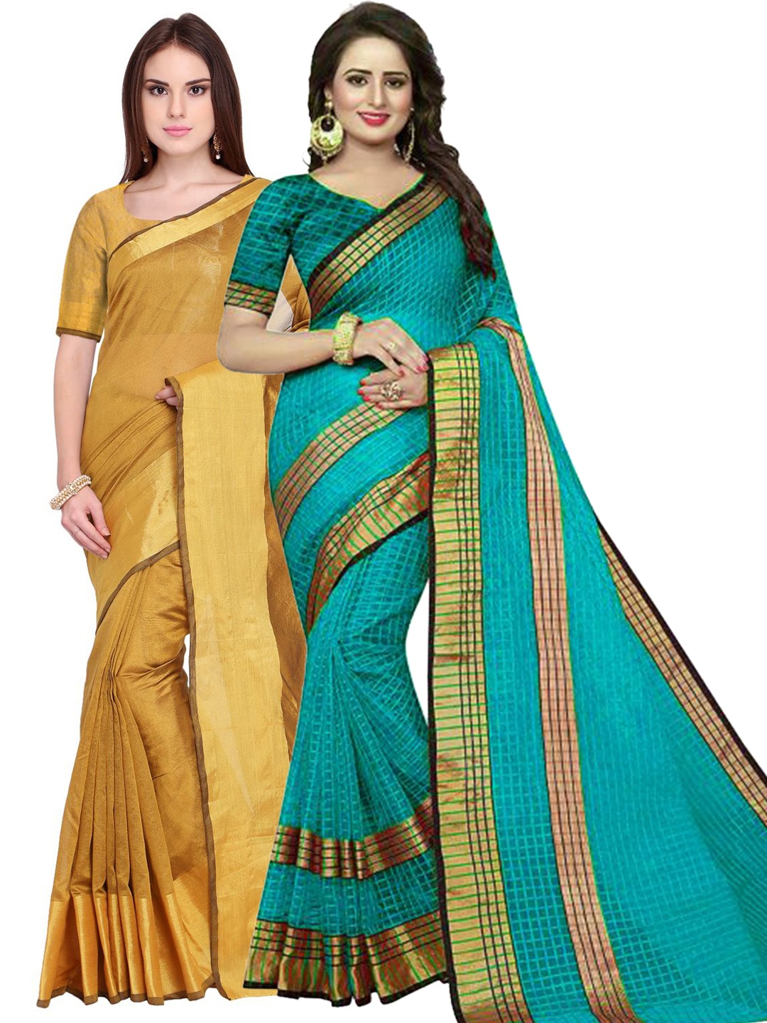 

SAADHVI Pack of 2 Golden & Teal Blue Zari Silk Cotton Sarees, Gold