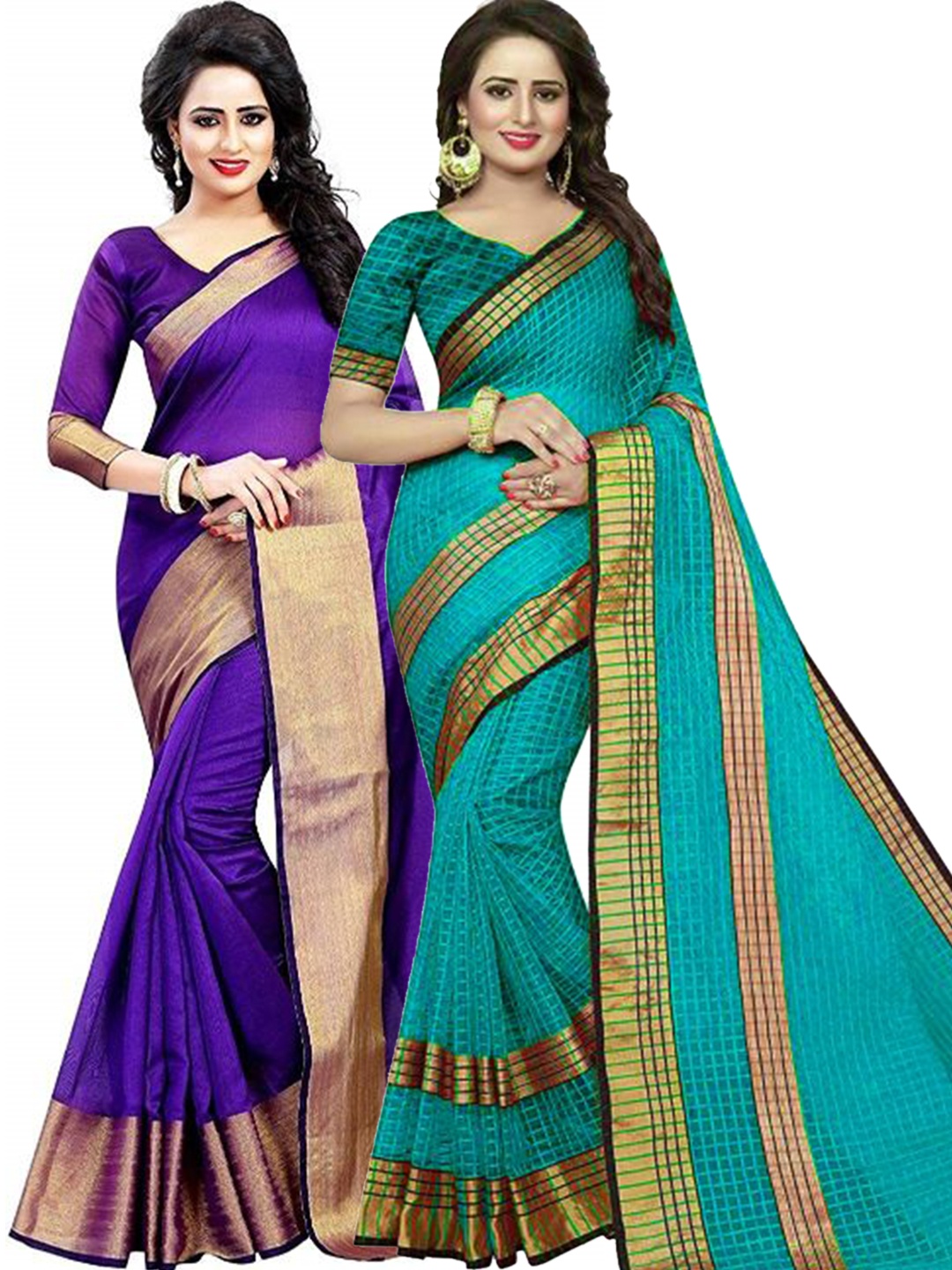 

SAADHVI Pack Of 2 Purple & Teal Blue Silk Cotton Saree
