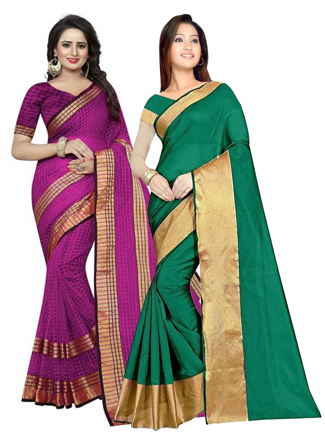 

SAADHVI Set of 2 Zari Silk Cotton Saree, Green