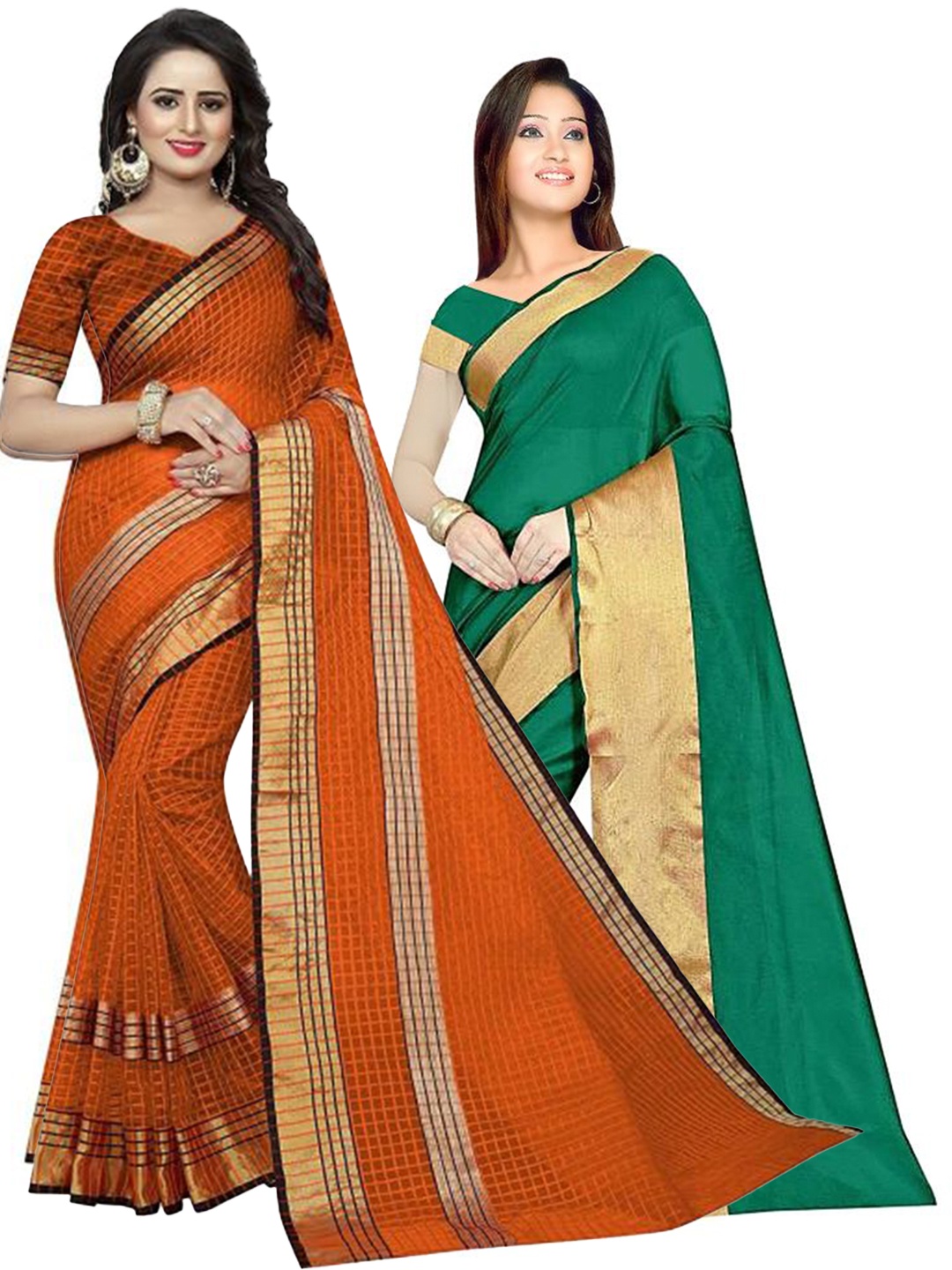 

SAADHVI Green & Orange Checked Zari Silk Cotton Saree