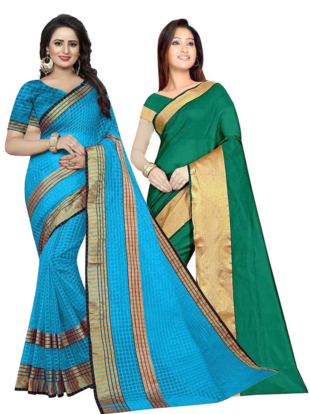 

SAADHVI Pack Of 2 Green & Blue Silk Cotton Saree