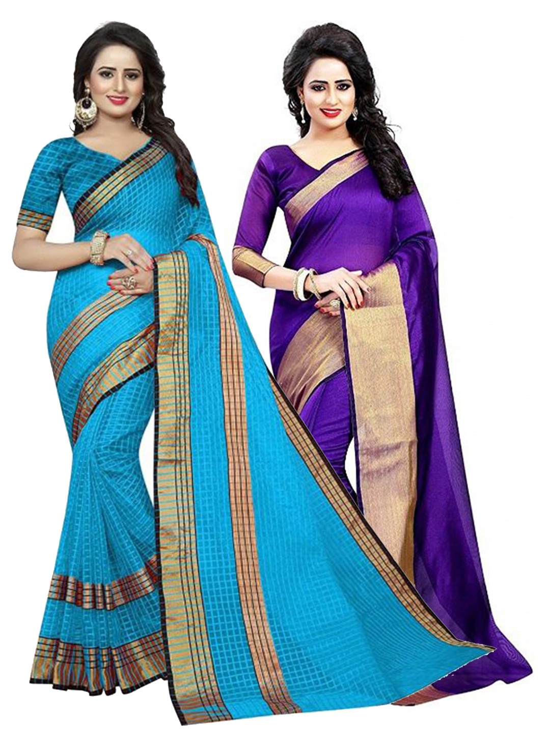 

SAADHVI Set Of 2 Purple & Blue Zari Silk Cotton Saree