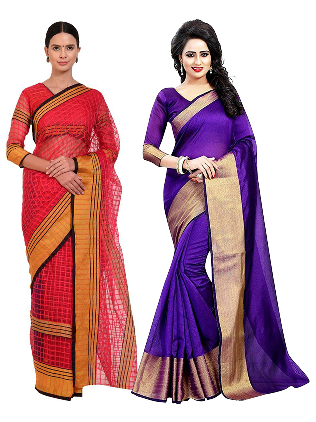 

SAADHVI Pack of 2 Purple & Pink Silk Cotton Saree
