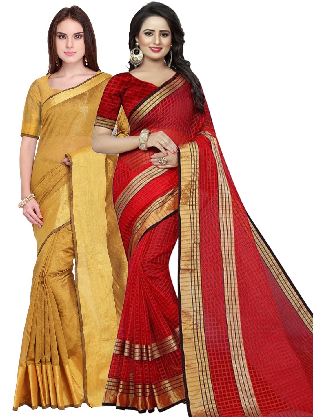 

SAADHVI Pack of 2 Golden & Red Silk Cotton Saree, Gold
