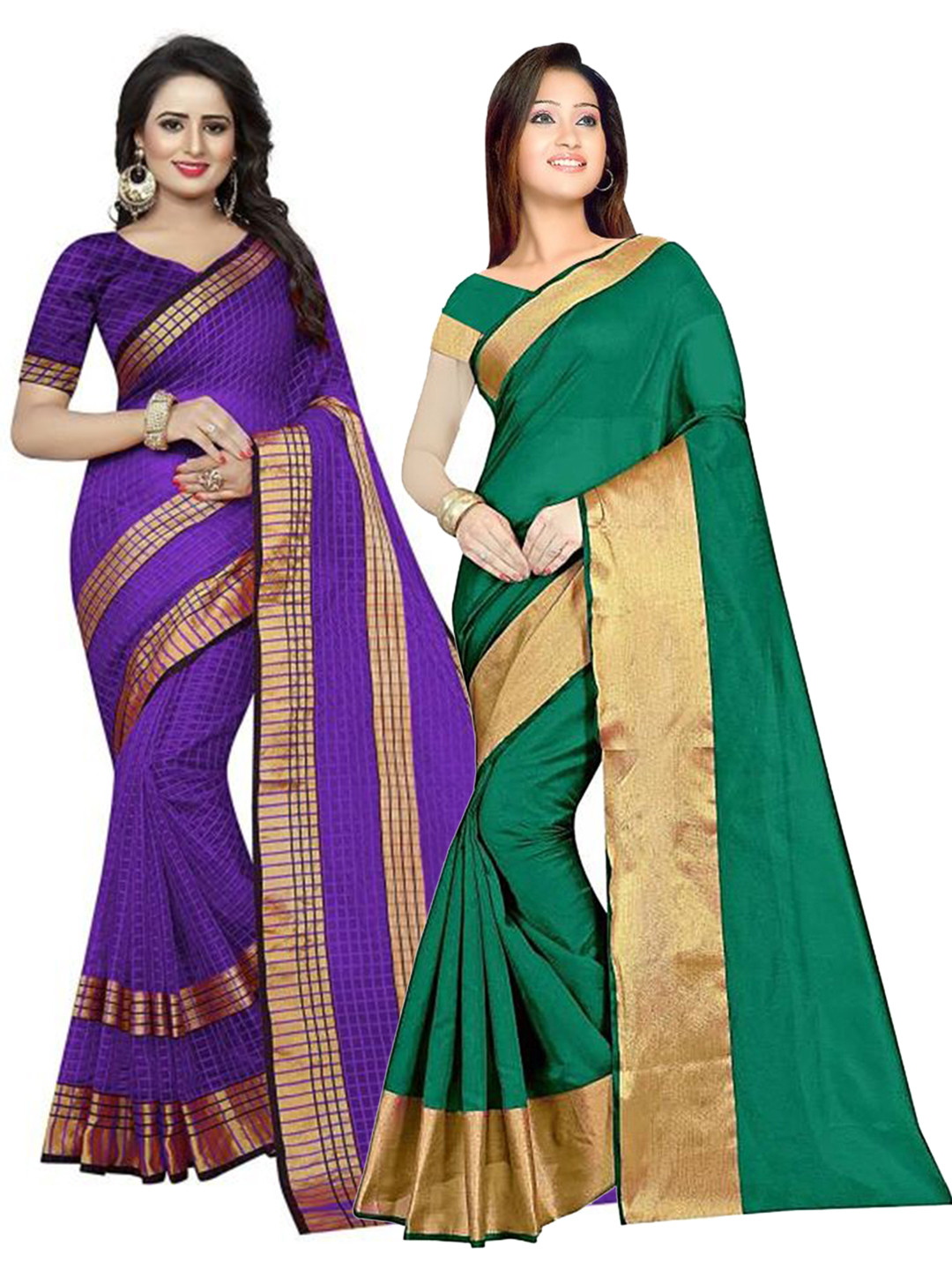 

SAADHVI Set of 2 Zari Silk Cotton Saree, Green