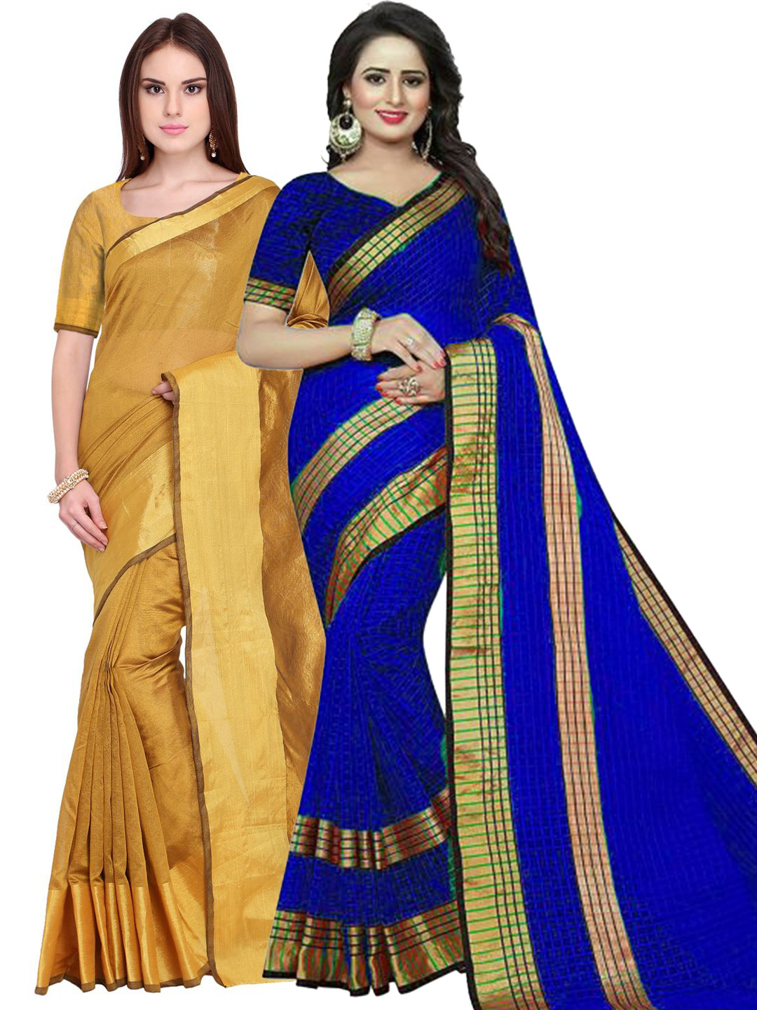 

SAADHVI Pack Of 2 Gold-Toned & Blue Silk Cotton Saree