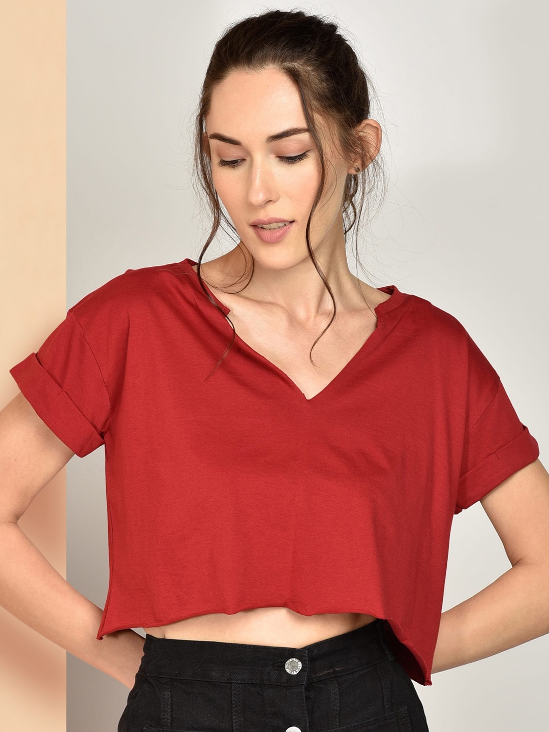 

CHIMPAAANZEE Maroon Extended Sleeves Cotton Boxy Crop Top