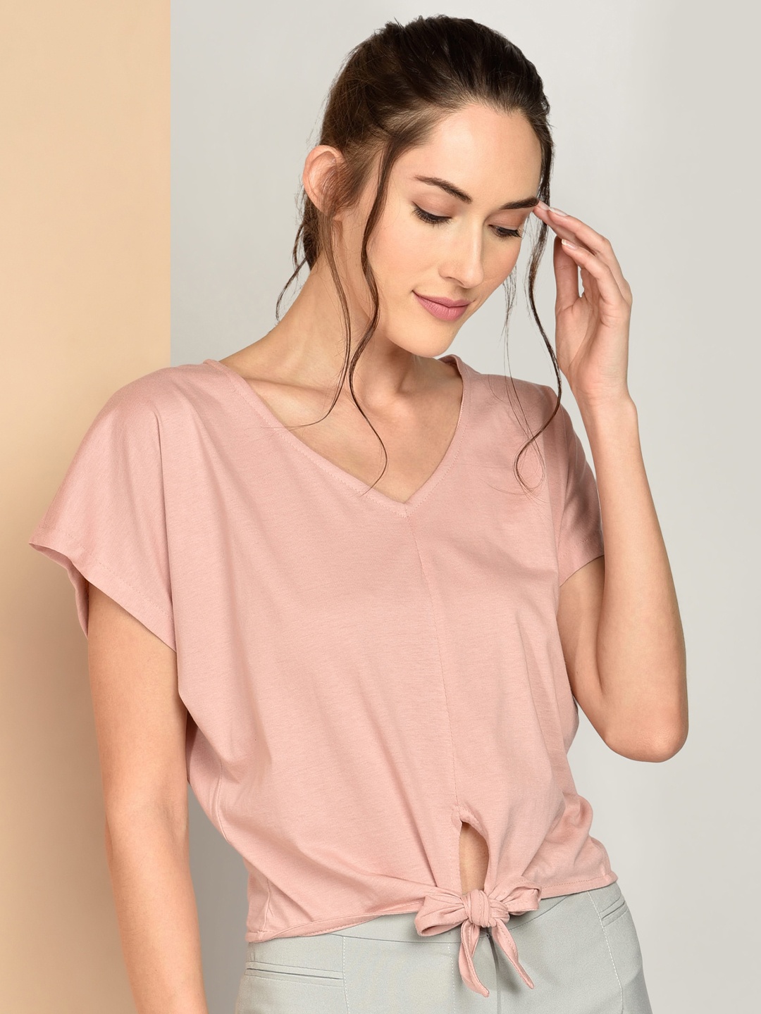 

CHIMPAAANZEE Pink Extended Sleeves Waist Tie Up Cotton Top