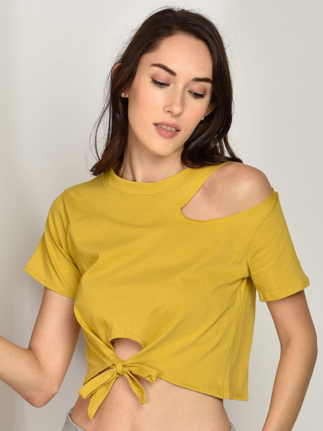 

CHIMPAAANZEE Mustard Yellow Waist Tie-Ups Pure Cotton Crop Top