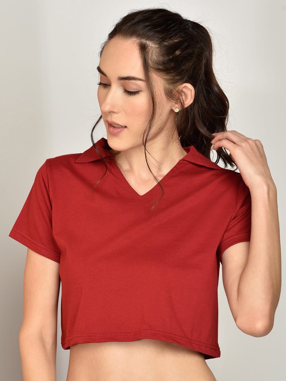 

CHIMPAAANZEE Maroon Shirt Style Cotton Crop Top