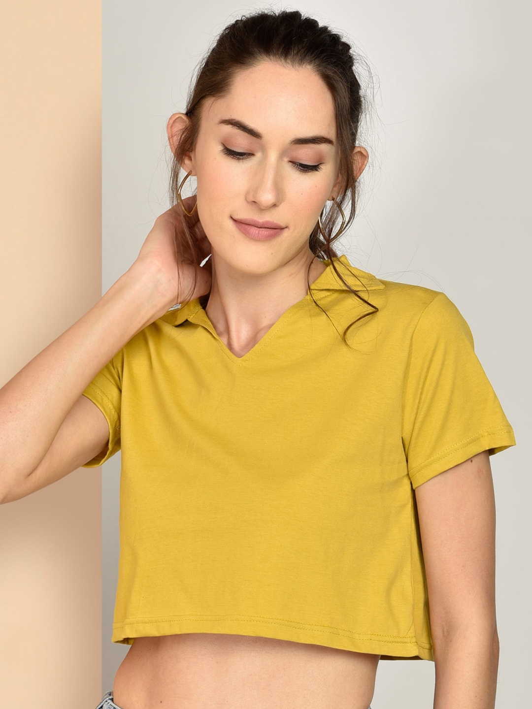 

CHIMPAAANZEE Mustard Yellow Shirt Collar Cotton Crop Top