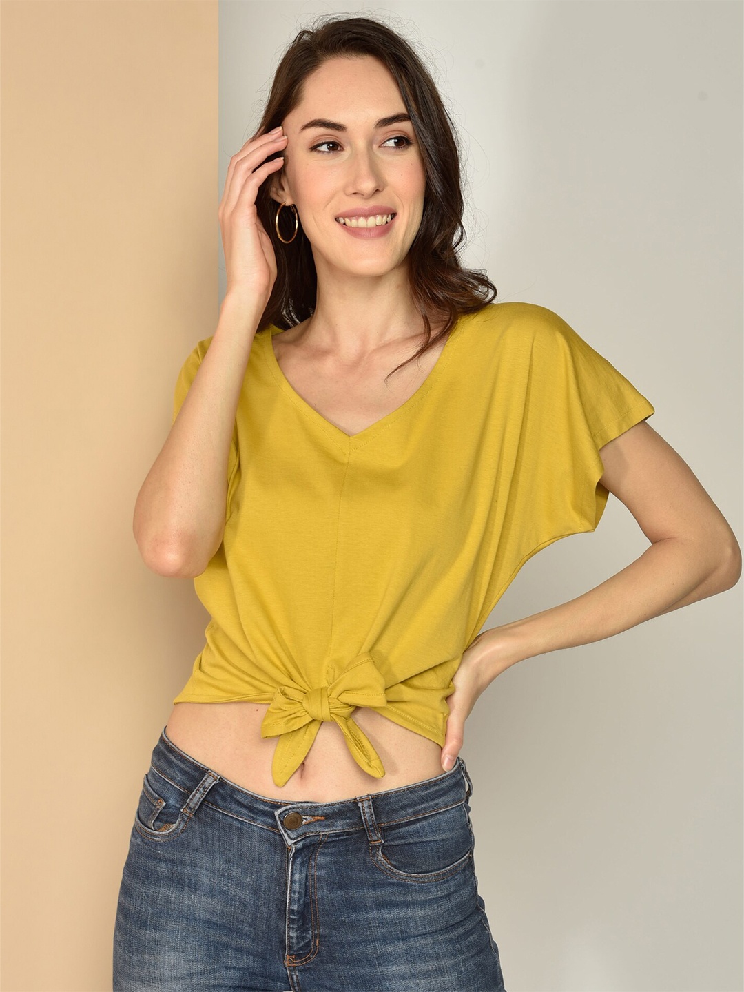 

CHIMPAAANZEE Mustard Yellow Extended Sleeves Waist Tie Up Cotton Crop Top