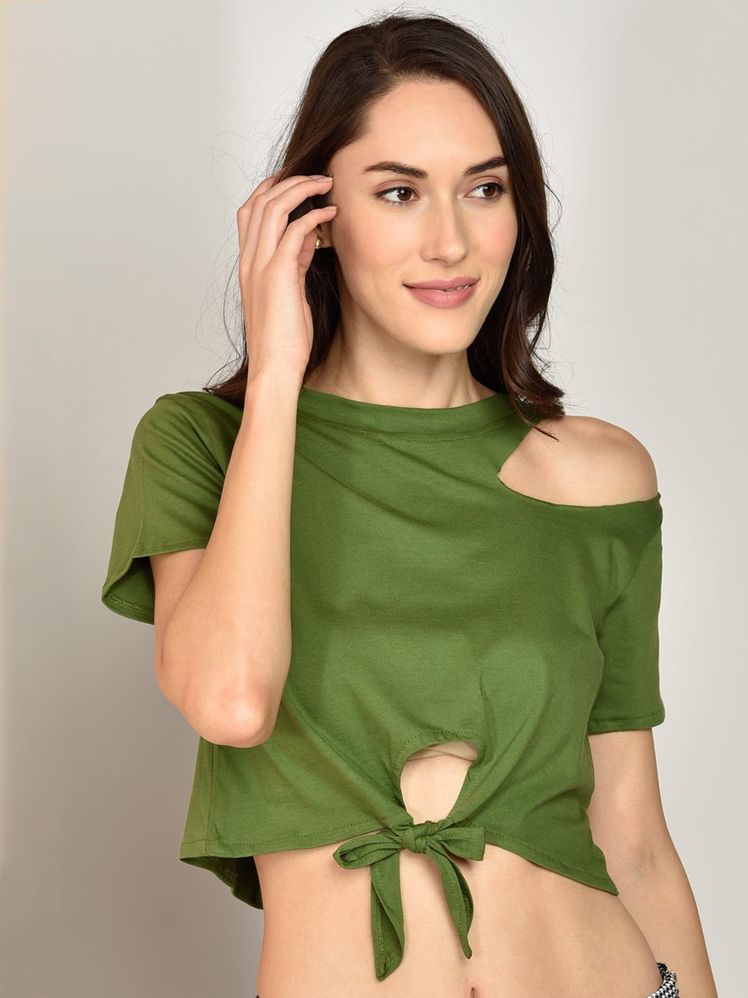 

CHIMPAAANZEE Green Waist Tie-Up Cotton Crop Top