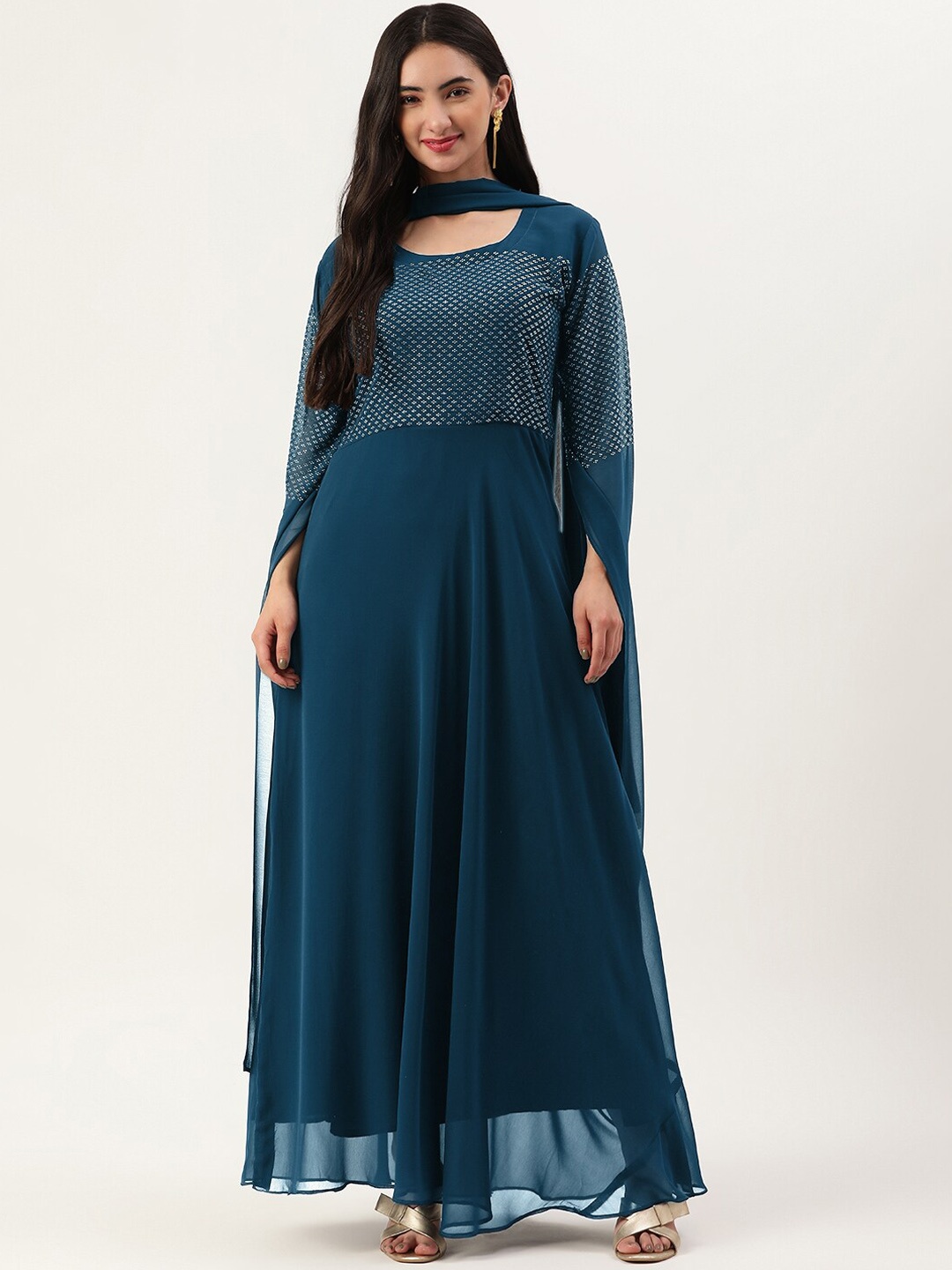 

TRENDY DIVVA Women Blue Flared Sleeves Georgette Kurta With Dupatta