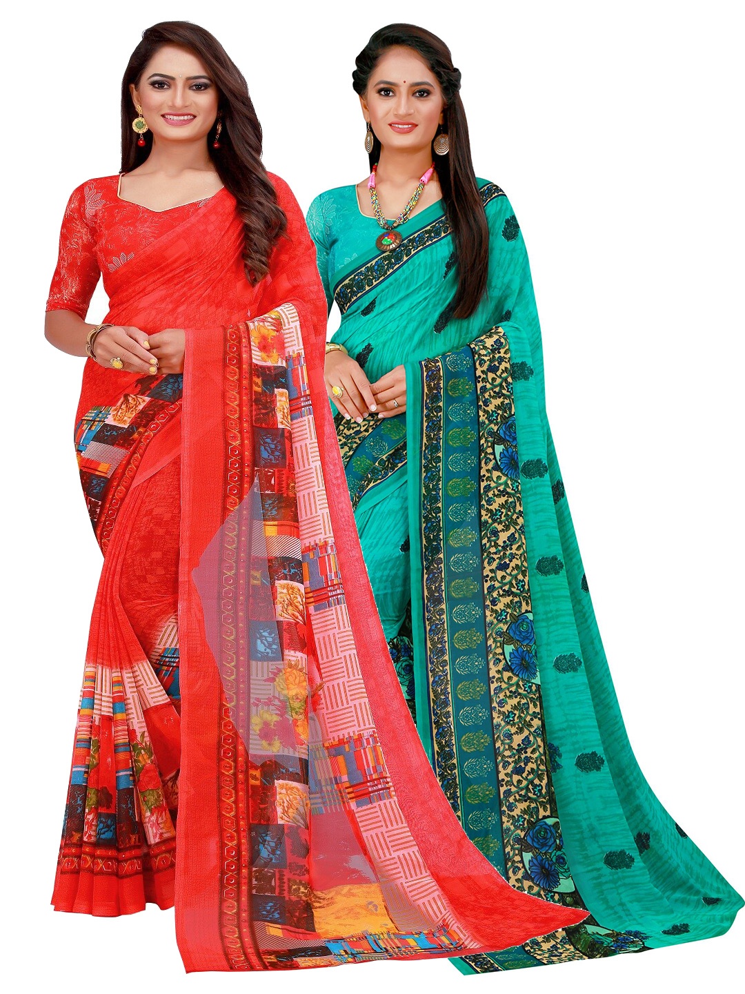 

Florence Pack of 2 Red & Sea Green Floral Pure Georgette Saree