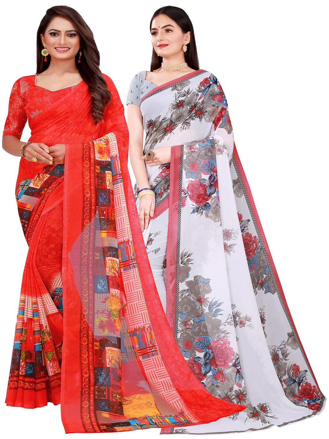 

Florence Pack of 2 White & Red Floral Pure Georgette Saree