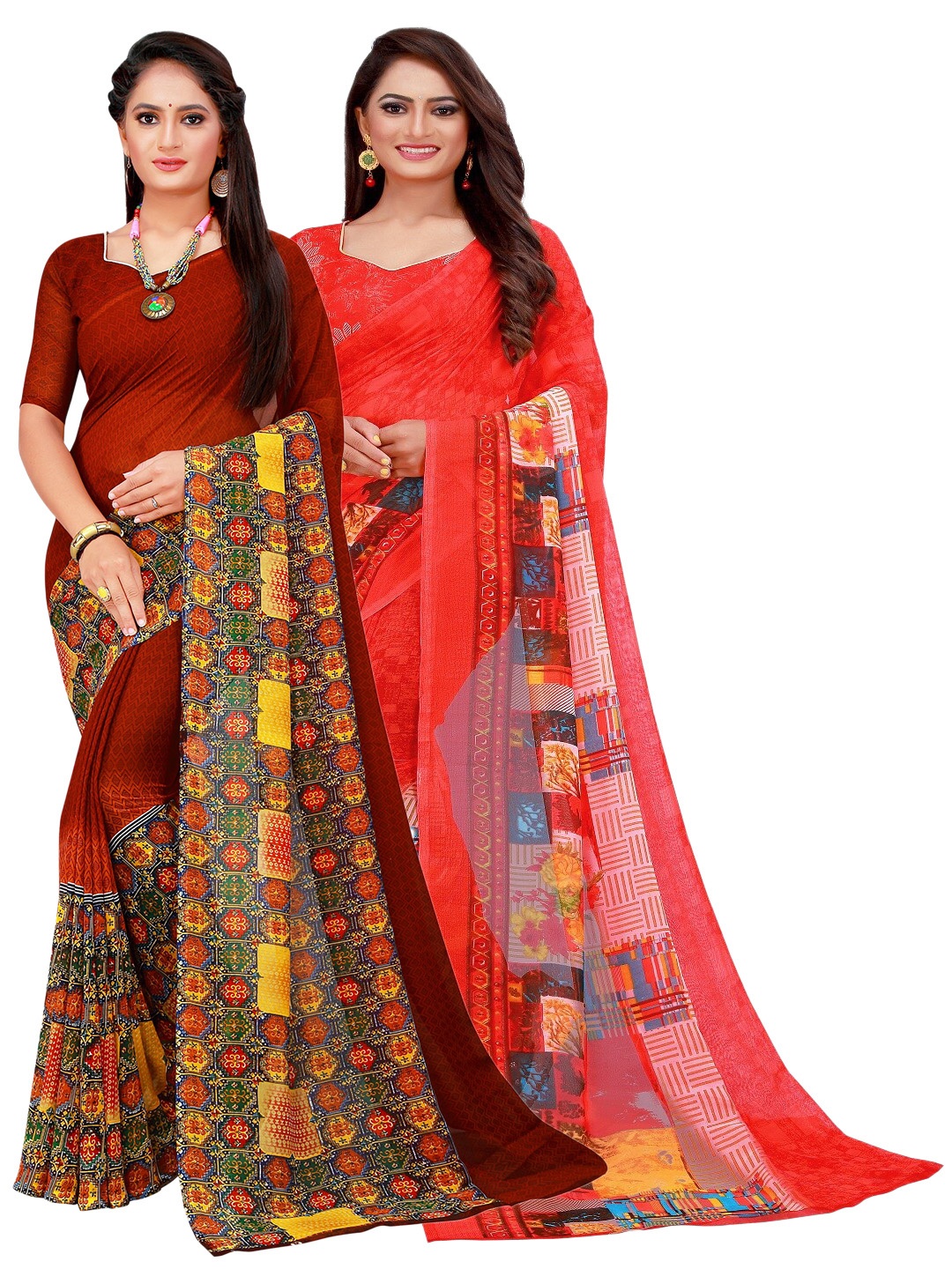 

Florence Pack of 2 Red & Brown Printed Pure Georgette Saree