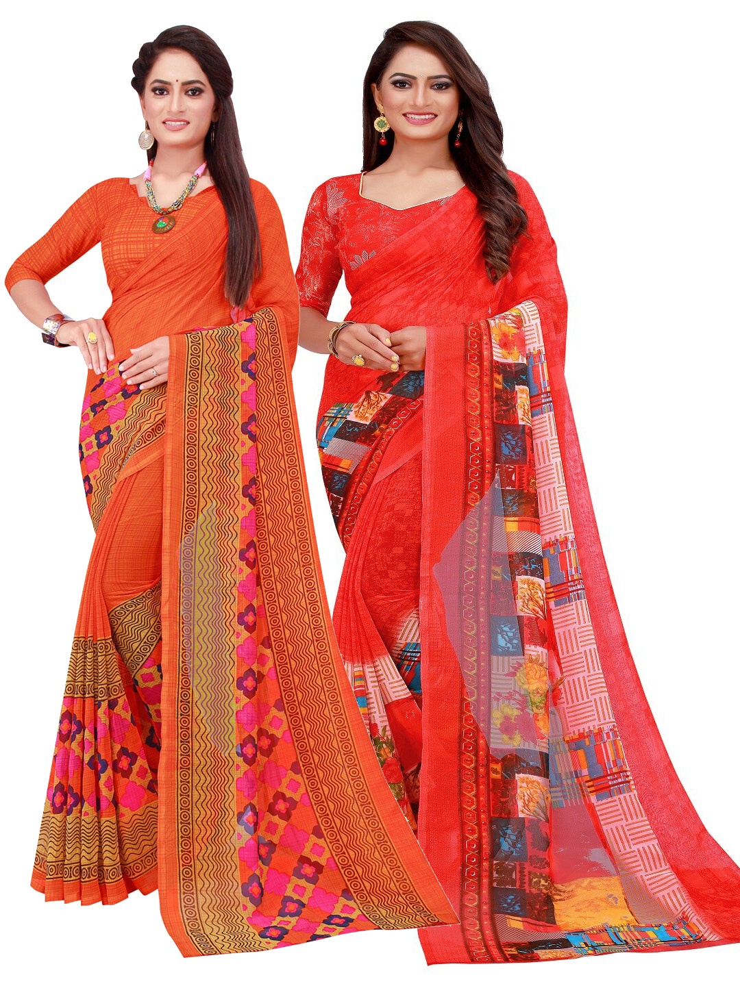 

Florence Pack of 2 Peach-Coloured & Red Ethnic Motifs Pure Georgette Saree