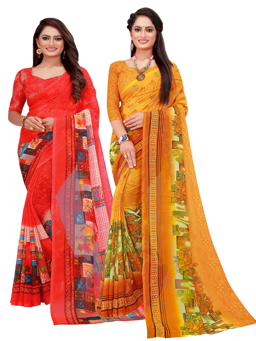 

Florence Pack of 2 Printed Pure Georgette Sarees, Coral