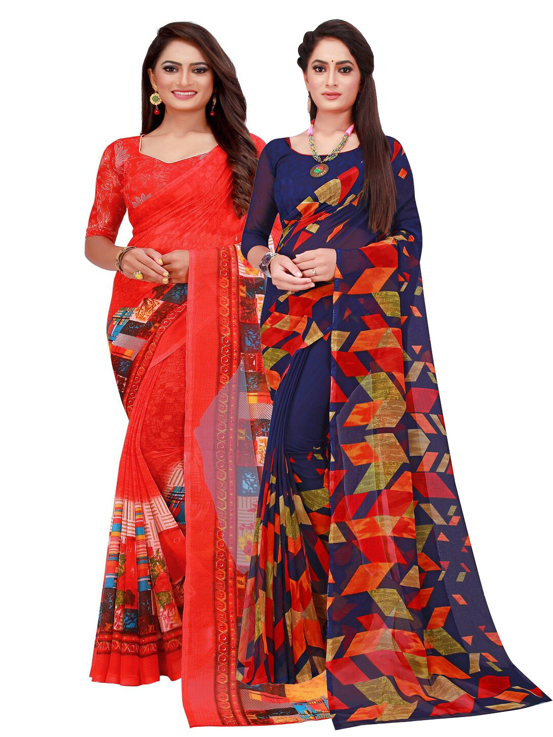 

Florence Pack of 2 Navy Blue & Red Printed Pure Georgette Saree