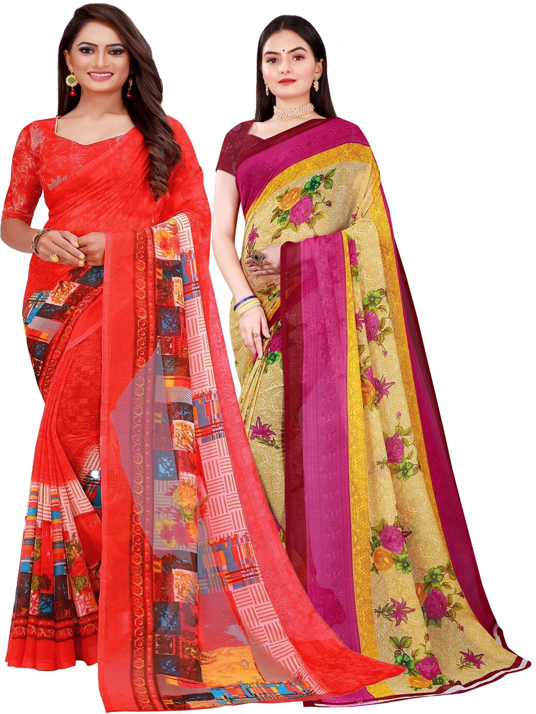 

Florence Pack of 2 Red & Beige Floral Pure Georgette Saree