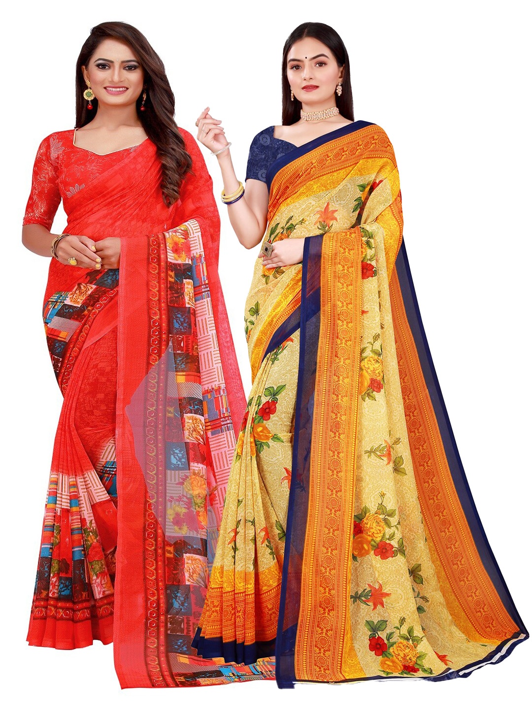 

Florence Pack of 2 Mustard & Red Printed Pure Georgette Saree