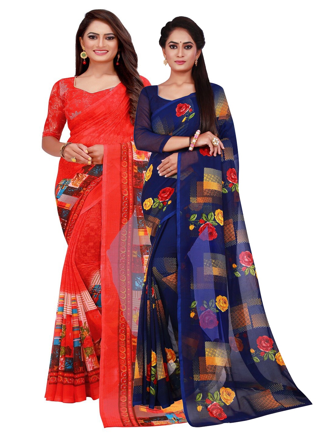 

Florence Pack of 2 Red & Blue Floral Pure Georgette Sarees