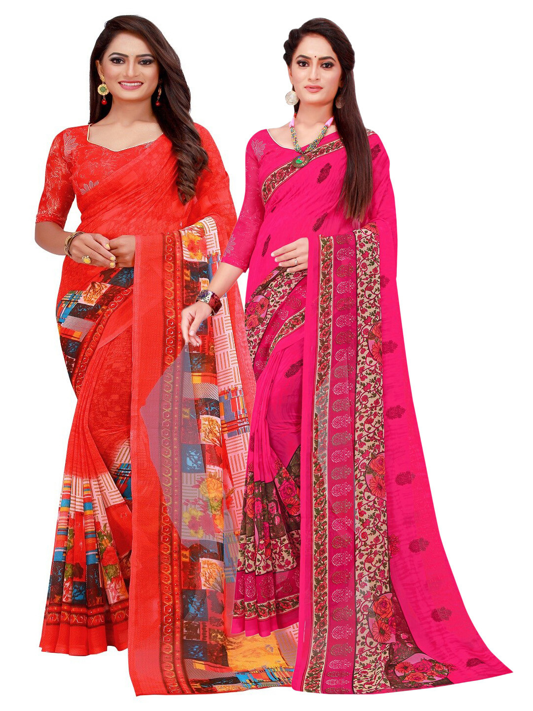 

Florence Pack of 2 Red & Pink Printed Pure Georgette Saree