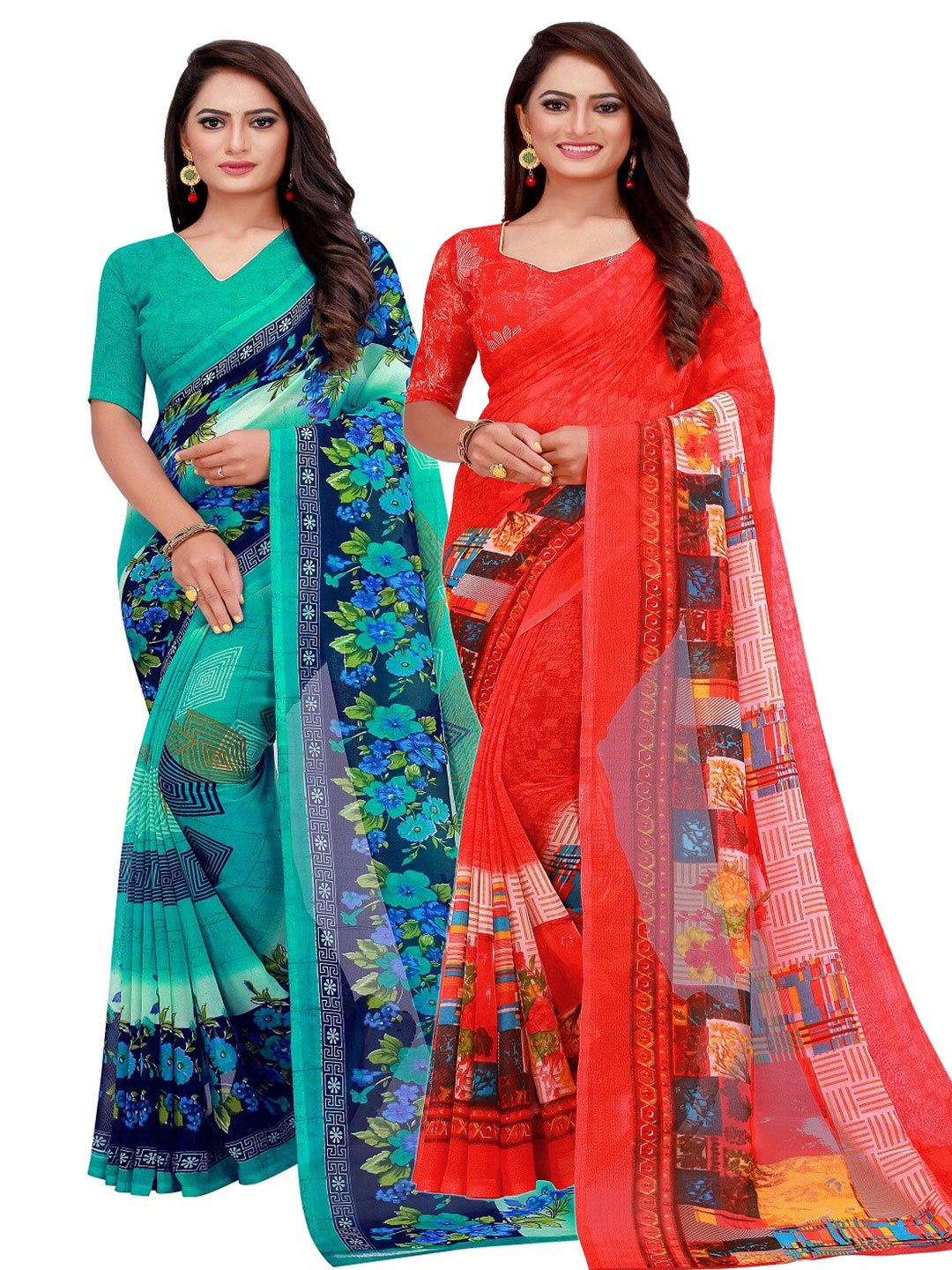 

Florence Pack of 2 Red & Teal Green Printed Pure Georgette Saree