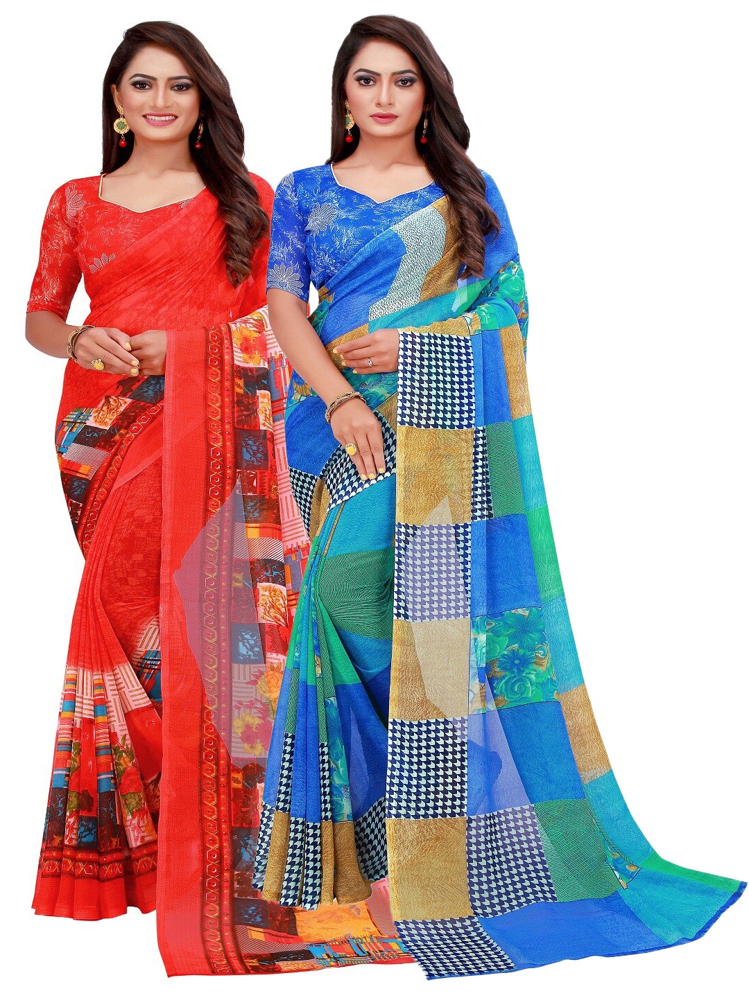 Florence Pack of 2 Blue & Red Printed Pure Georgette Saree