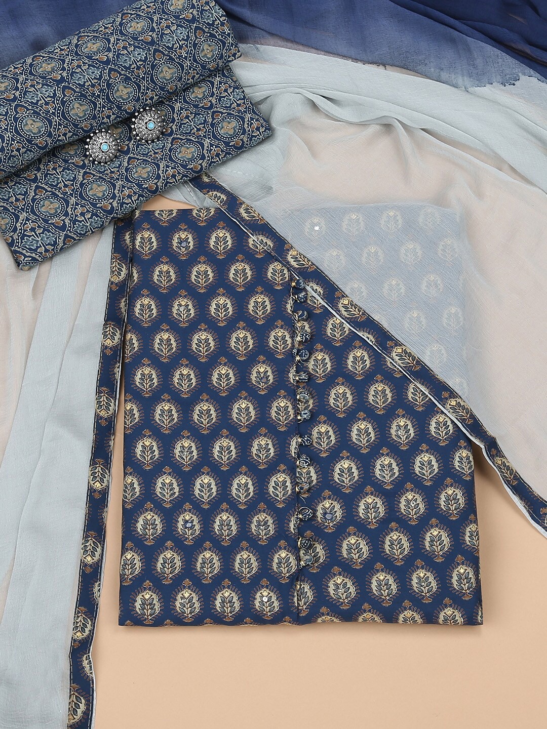

Soch Navy Blue & Yellow Printed Viscose Rayon Unstitched Dress Material