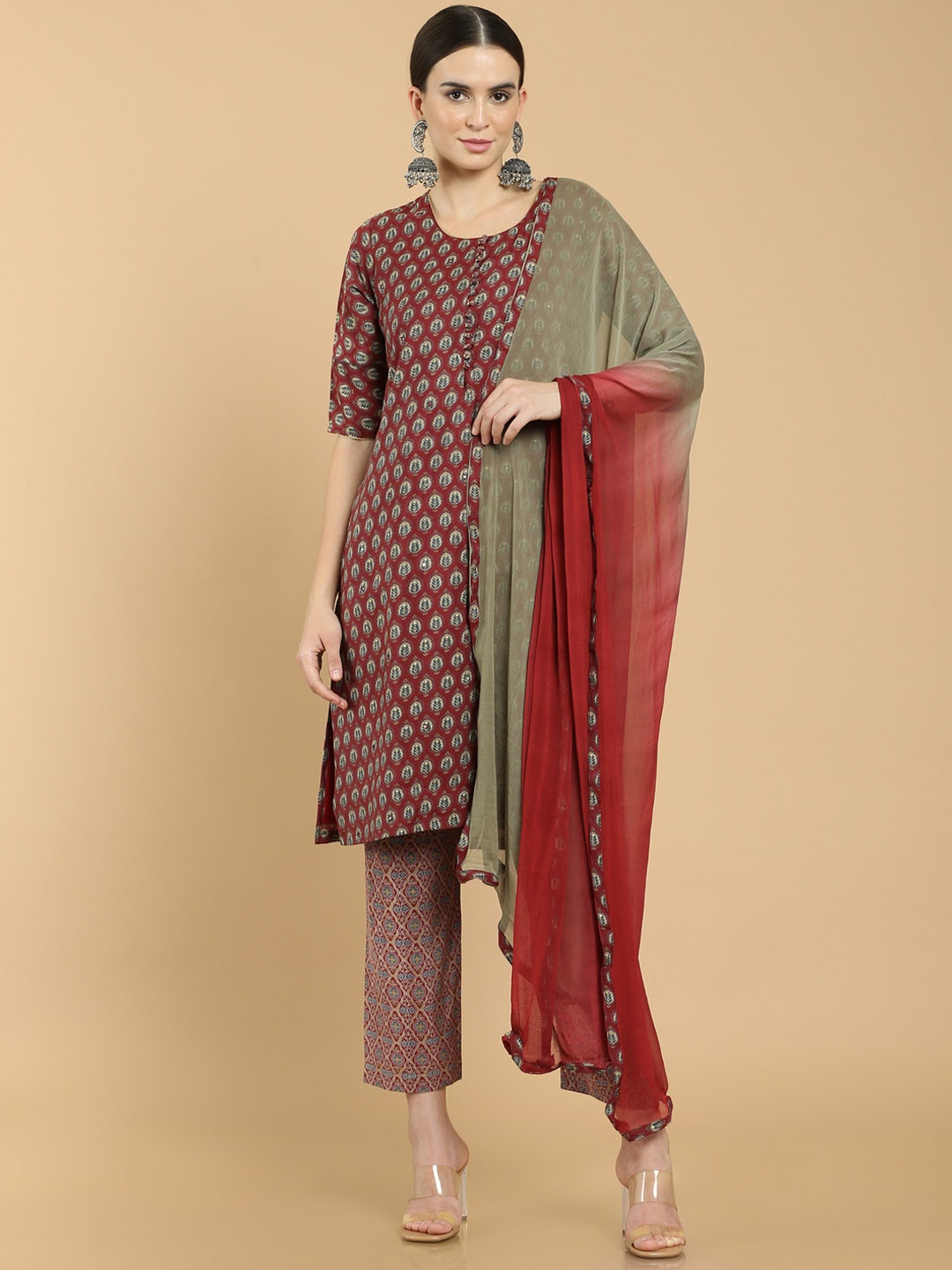 

Soch Maroon & Beige Printed Viscose Rayon Unstitched Dress Material