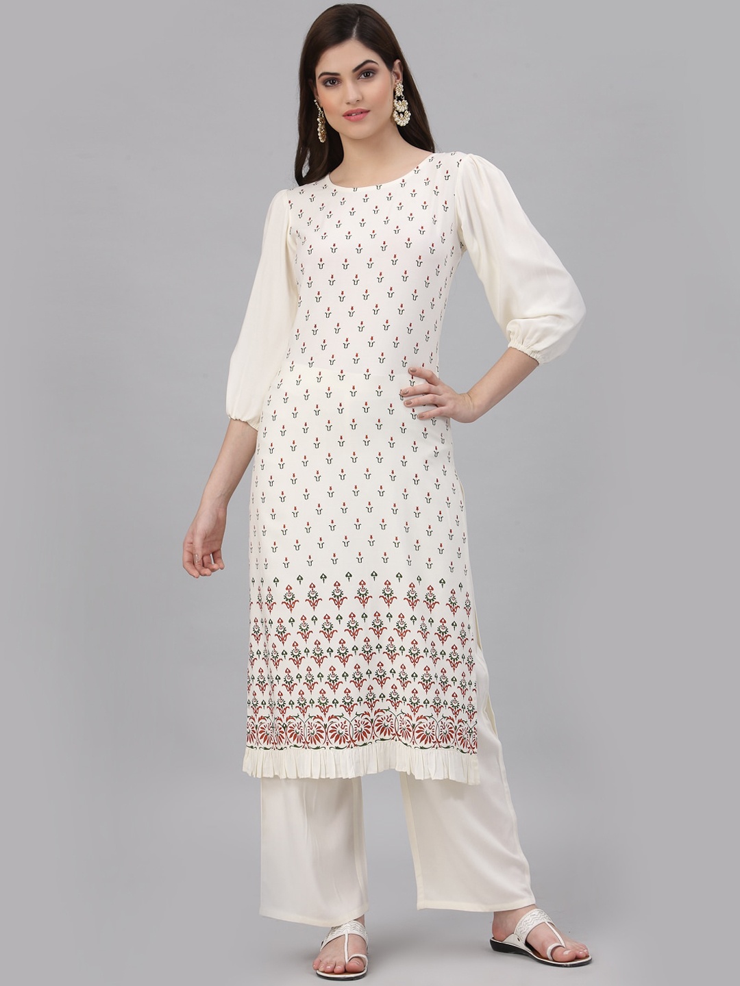 

KALINI Women Off White & Green Ethnic Motifs Printed Kurta