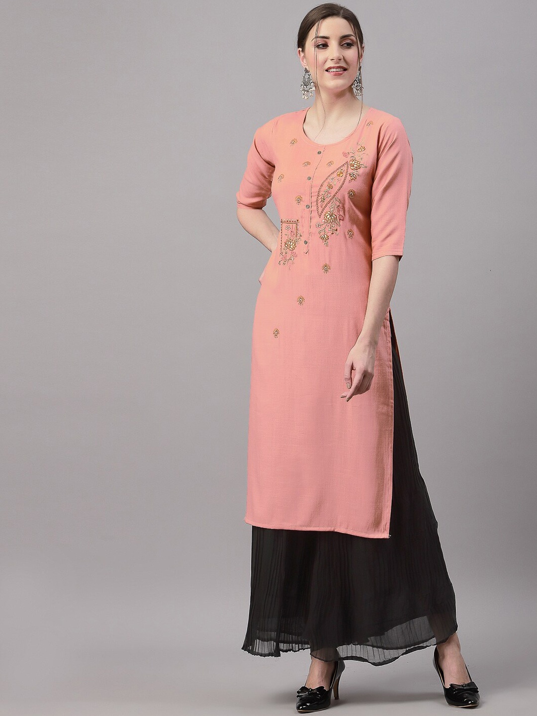 

KALINI Women Peach-Coloured Embroidered Thread Work Kurta