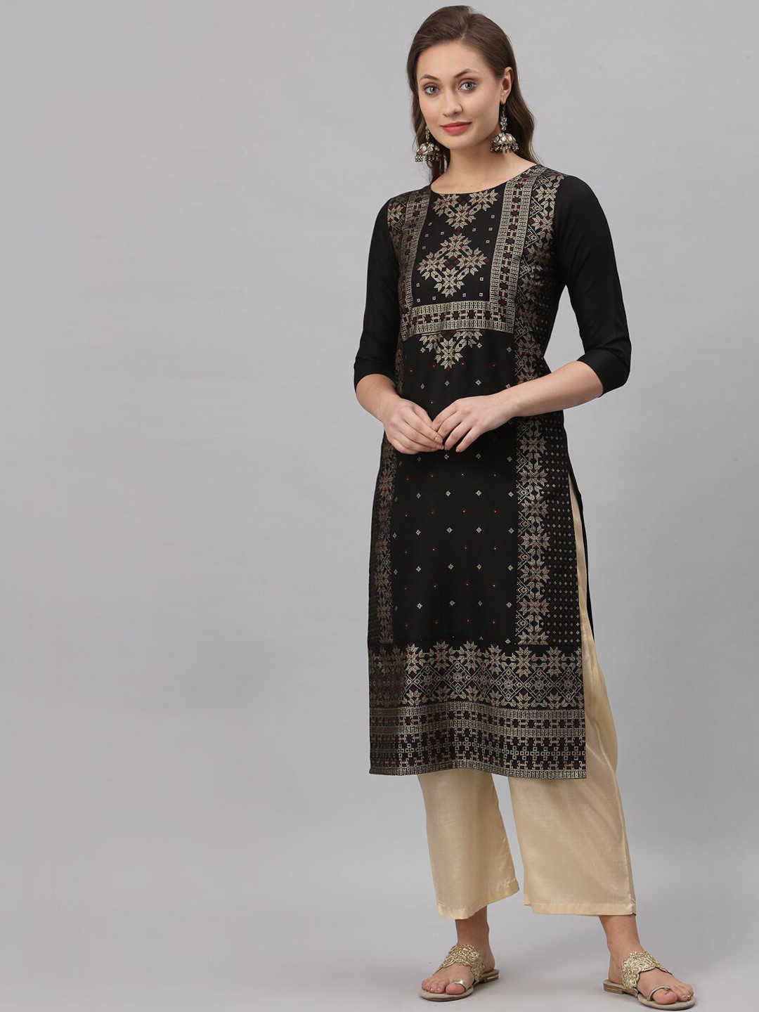 

KALINI Black Foil Print Straight Kurta