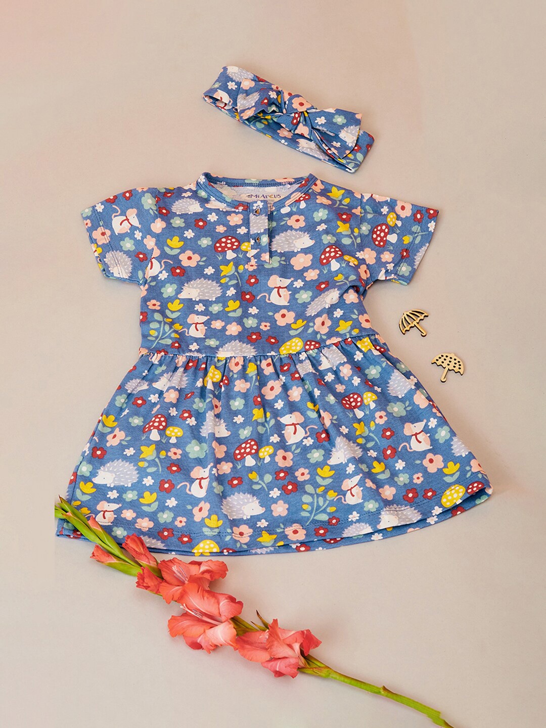 

MiArcus Girls Blue Fit & Flare Cotton Dress With Hairband