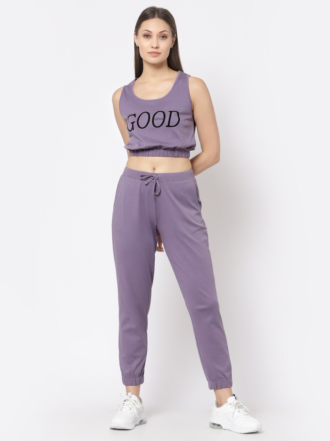 

YOONOY Women Purple & Black Printed Top with Trousers