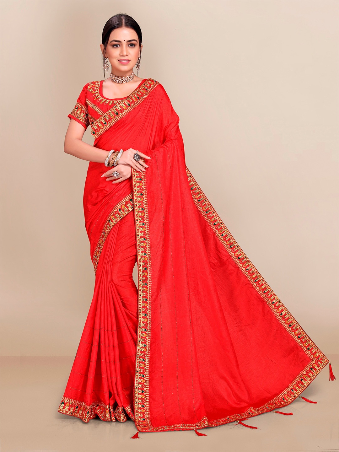 

VAIRAGEE Red & Golden Silk Blend Saree With Embroidered Border