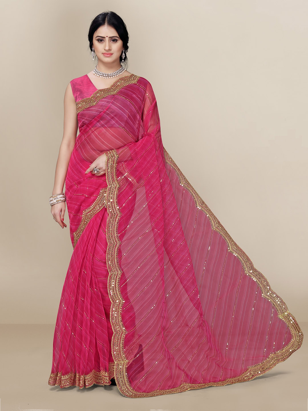 

VAIRAGEE Pink & Gold-Toned Striped Embroidered Organza Saree