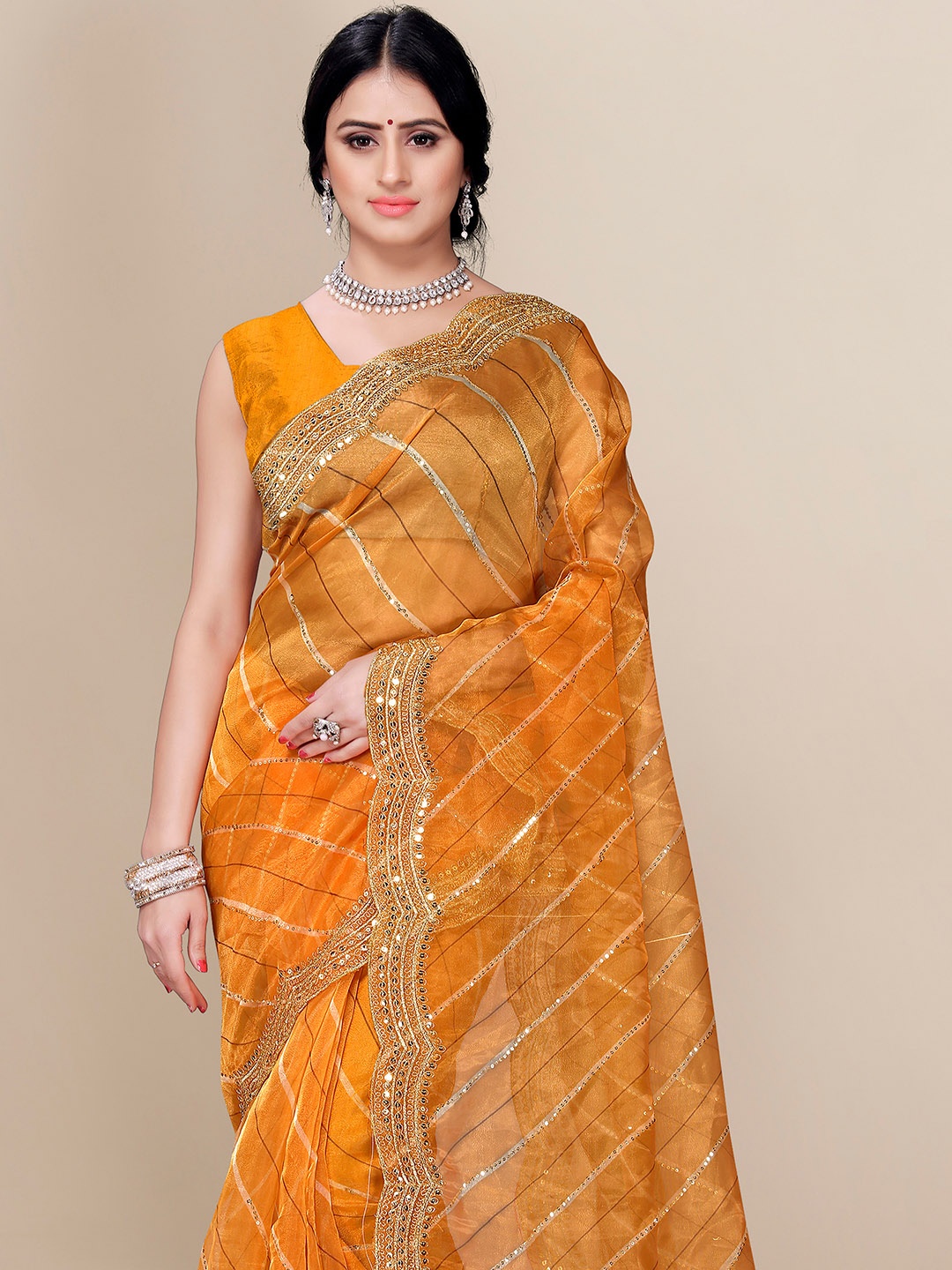 

VAIRAGEE Yellow & Gold-Toned Embellished Organza Saree
